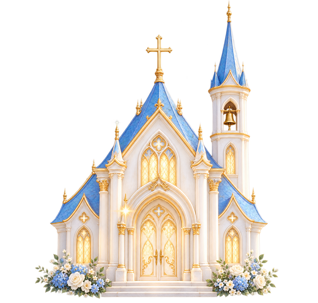 Iglesia de cuento en tonos perla, azul cielo y dorado