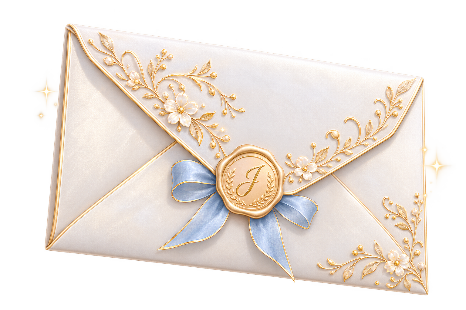 Sobre marfil con sello dorado y lazo azul