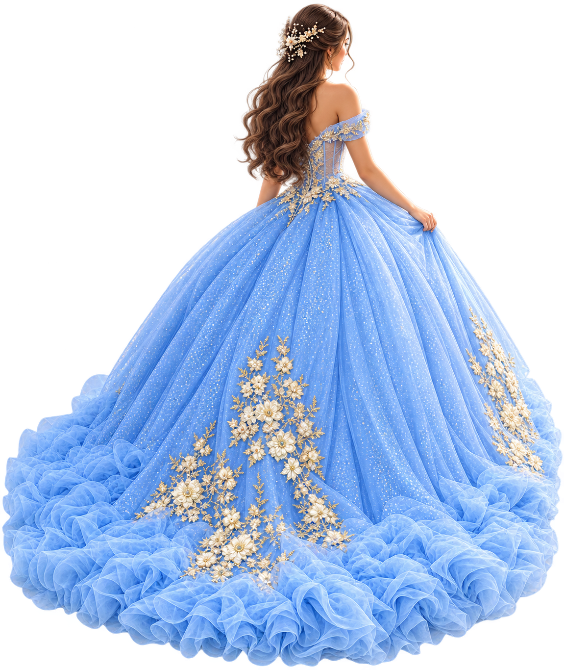 Juliana de espaldas con vestido azul cielo y apliques dorados